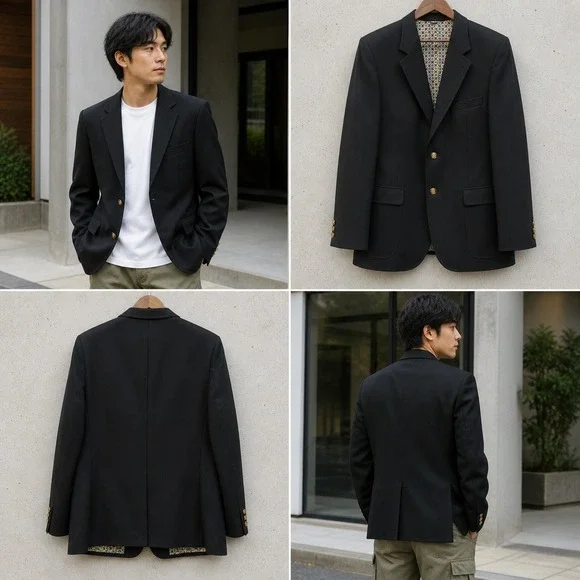 Vintage The Knack Wool Blazer Mens Black Gold Crest Buttons Union Made USA 42R