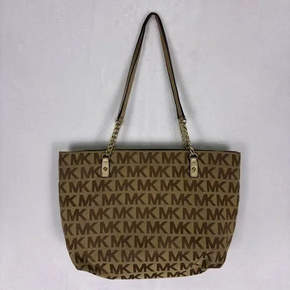 Michael Kors Brown Monogram Large Shoulder Purse with‎ Gold Straps