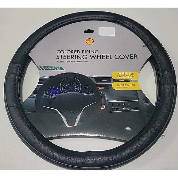 Steering Wheel Cover New Black Gray Piping Shell Oil Standard Fit Comfort Grip.