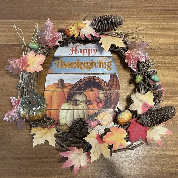 Fall Harvest 16 in Rustic Grapevine Wreath, Farmhouse Pumpkin Thanksgiving Decor
