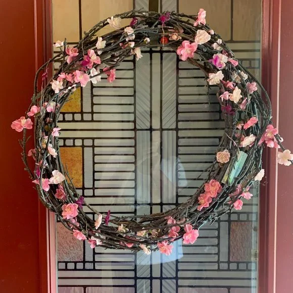 Cheery Grapevine Wreath with Pink Cherry Blossoms and Flamingo Lights