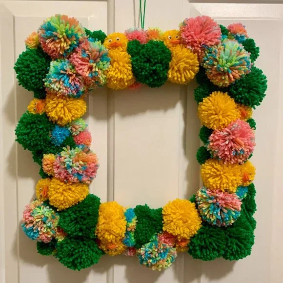 Pom Pom Yarn Easter Chicks Spring Ducks Wreath - Eggs and Grass - Spring Door De