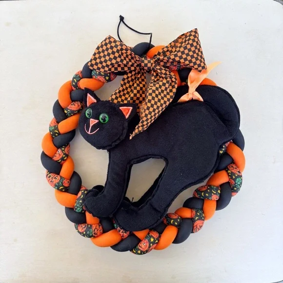 Vintage Halloween Black Cat Fabric Stuffed 13