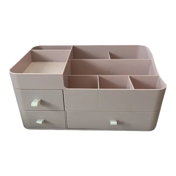 Multi-Compartment Desktop Organizer – Light Pink Plastic Storage Box with Drawer