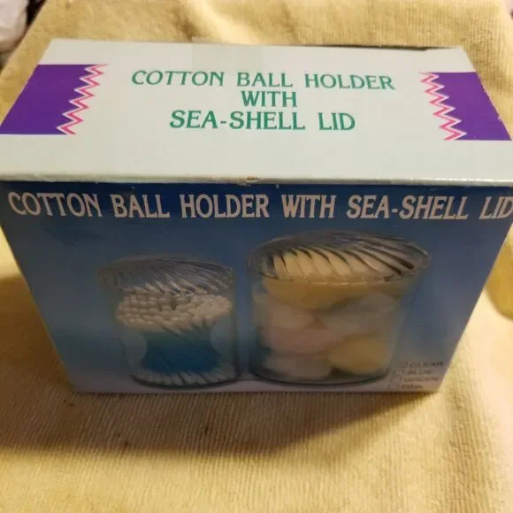 Vtg. Cotton ball holder with seashell lid, glass with lid mfg by Alco Industries