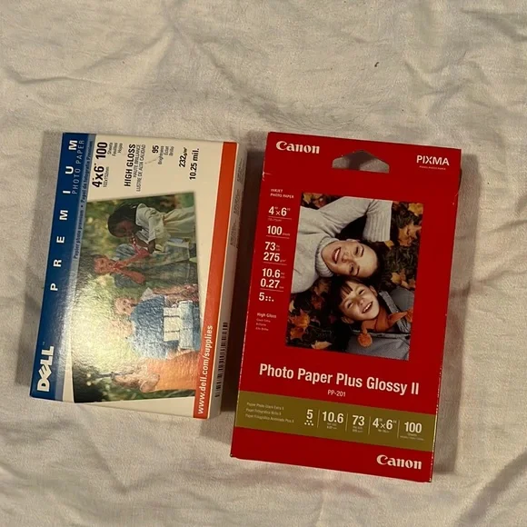 2 packs of glossy photo paper, 4 x 6, 100 sheets per box, Dell & Canon