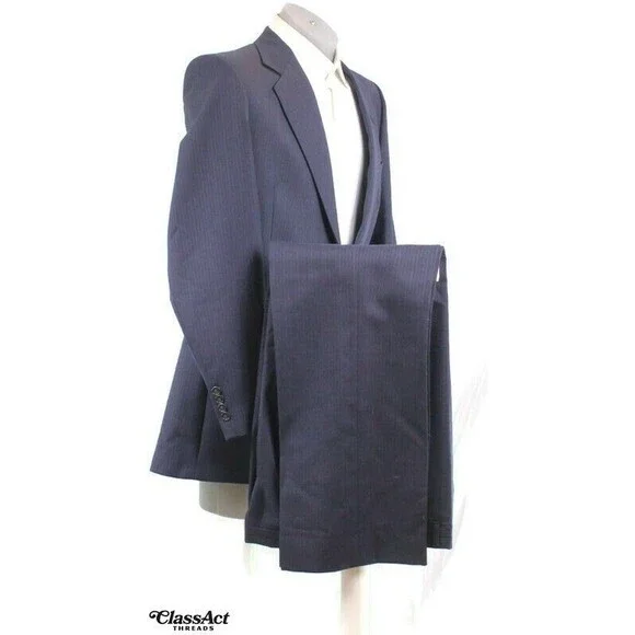 Pierre Cardin 2 Piece Suit Mens Blue Striped 2 Btn 40L Flat Fronts 36