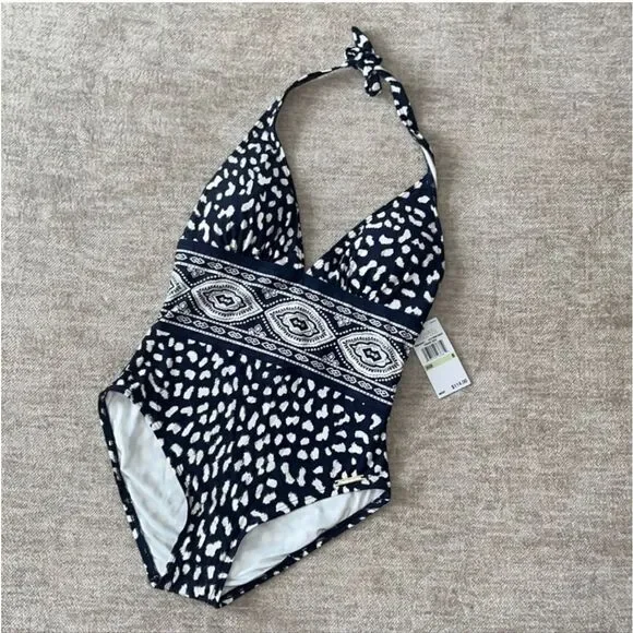 Michael Kors halter Navy/white women's size 10 one piece smooth shaper swimsuit