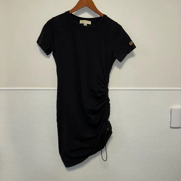 Michael Kors Tee Shirt Dress with Ruching Medium Women’s Black Gold Short Sleeve