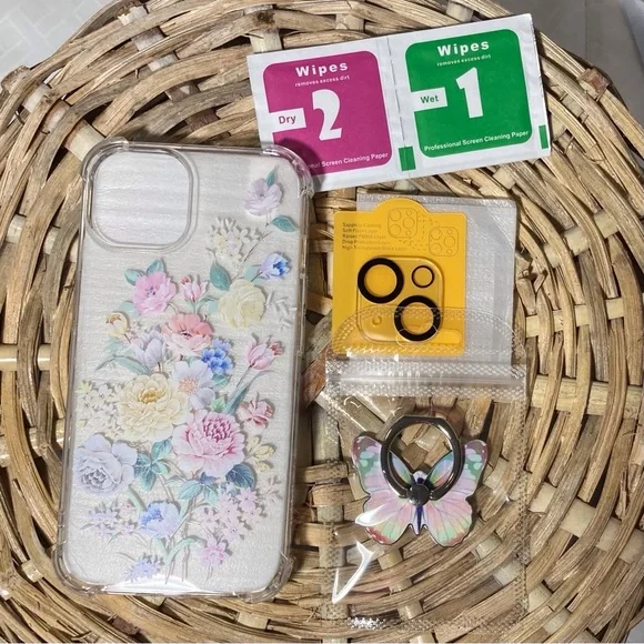 Roseparrot iPhone 14 Pastel Peony Phone Case and Butterfly‎ Ring Holder