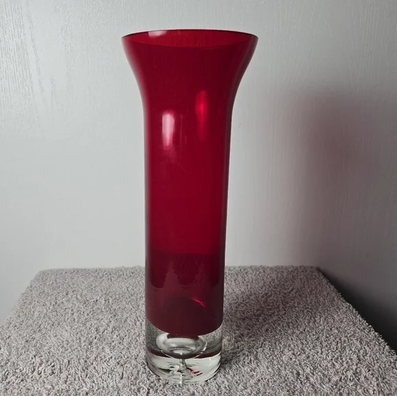 Vintage Amberina 12-inch Art Glass Vase Clear Floating Bubble Base