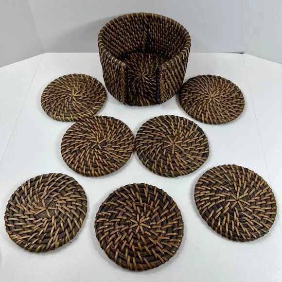 Unbranded Rattan Coaster Set Home OS Brown Excellent Woven 7pc With Holder