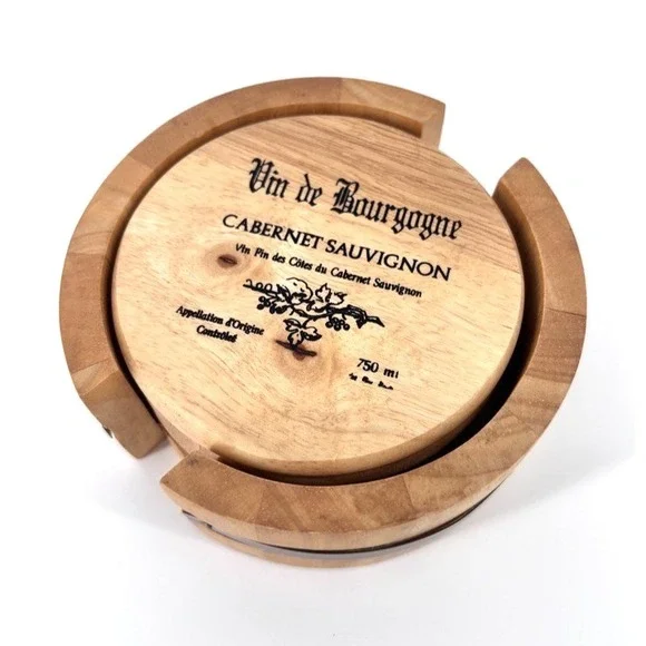 Wine Cask Wooden Coaster Set of 4 Cabernet Sauvignon w Barrel Holder