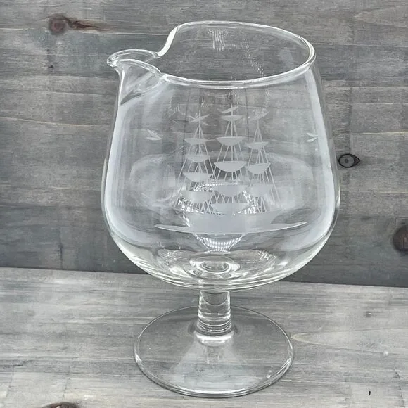 Vtg Toscany Clear Glass Brandy Snifter w/ Spout Clipper Ship Etched Nautical