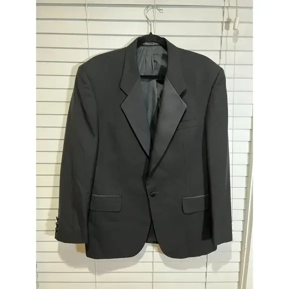 Pierre Balmain Paris Mens 40S Black Wool Tuxedo Jacket Satin Peak Lapel MW 35
