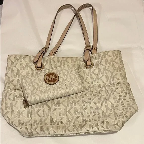 Michael Kors Beige Monogram Tote and Wallet