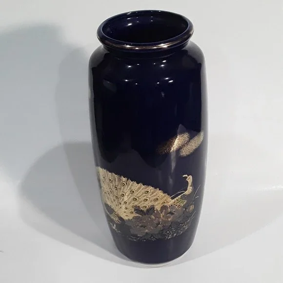 Vintage Blue Vase, Double Peacock, Gold trim. Japan 10 inches tall