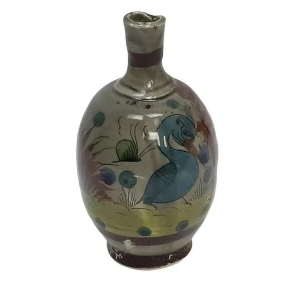 VTG‎ 70s 80s Tonala Mexican Pottery Bud Vase Hand Painted Bird Snail Jalisco