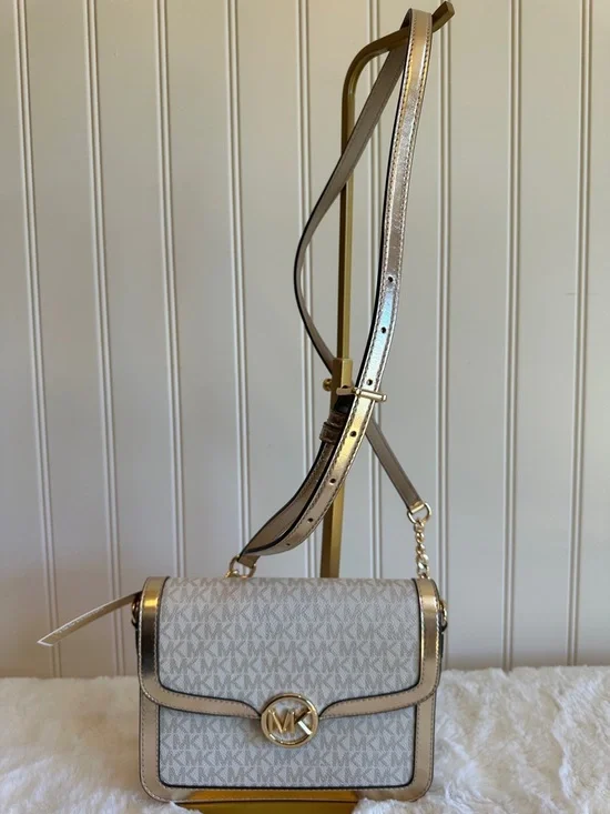 Michael Kors Beige and Gold Logo Crossbody Bag