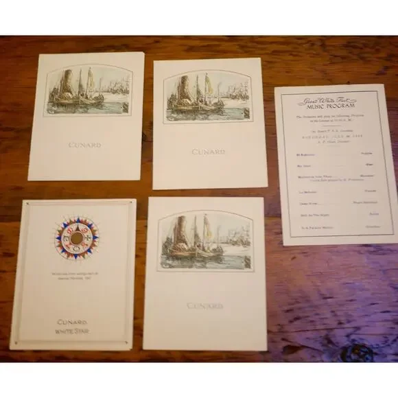 Lot of 5 Vtg Antique 1936 White Star Cunard Cruise Line Menus Passenger Signed