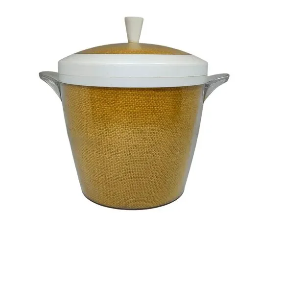 Vintage Mid Century Rafiaware Yellow Plastic Ice Bucket MCM 70's Burlap