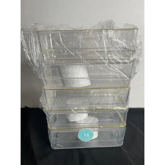 Martha Stewart Clear Acrylic Drawer Organizers Gold Rim Set of 4 Ribbed Bins