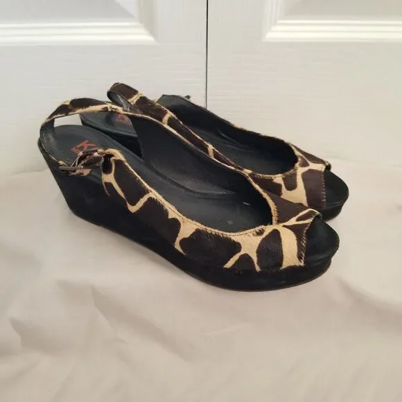 Michael Kors Women's Shoes 6 Brown Black Faux Giraffe Wedge Sandals Slingback