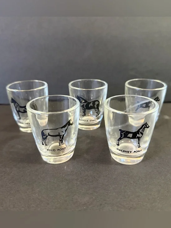 Hazel Atlas Shot Glasses MCM Pony Horse Breed Stallion Jigger Equestrian Set 5x