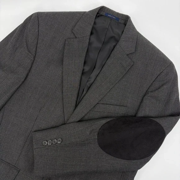Club Room Mens Sport Coat Grey Glen Plaid Blazer Jacket 40R Elbow Patches