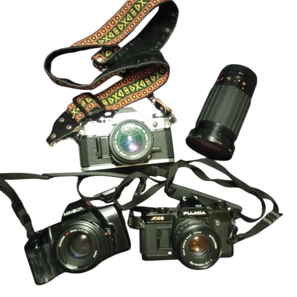Cannon AE-1, Kalimar MC Auto Zoom Lens, Minolta Maxxum, FujinonAX-3, 35 Mm. Four