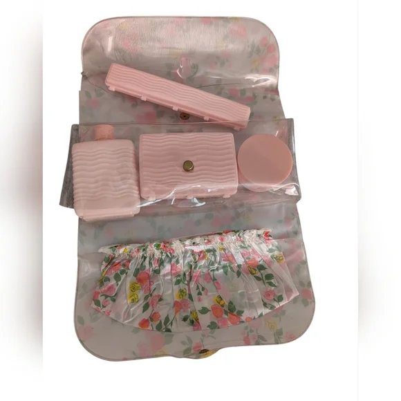 60s 70s Vintage Rare Pink Floral Cosmetic Toiletry Set‎ Organizer New