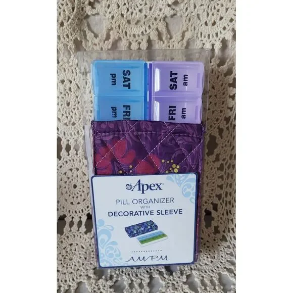 NEW Apex pill organizer with purple plaid decorative sleeve 7‎ days AM & PM