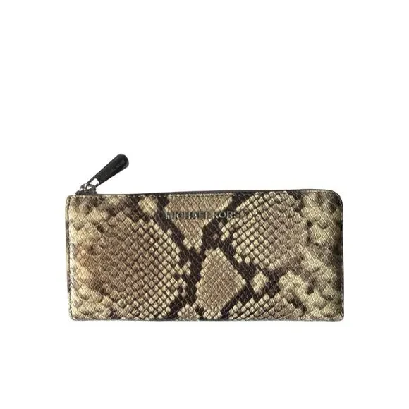 Michael Kors Wallet Zip Around Beige Snakeskin Leather Jet Set Continental