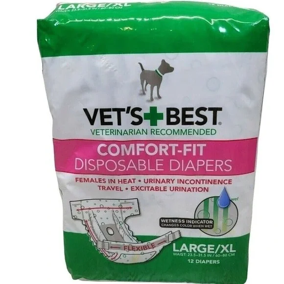 Vets Best Comfort Fit Disposable Dog Diapers Large XL 12 Count White Green