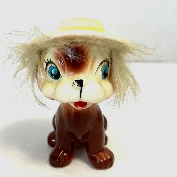 Vintage Kriess Ceramic Puppy Dog With Yellow Hat and Real Fur