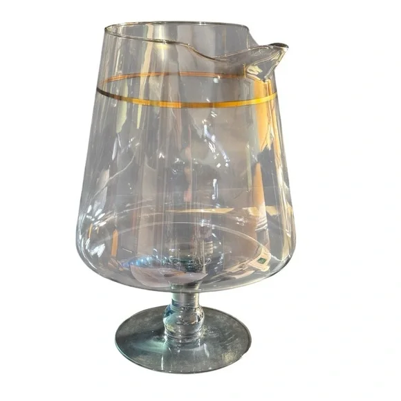 Vintage Footed Glass Pedestal Pitcher Gold Band Clear Art Glass
