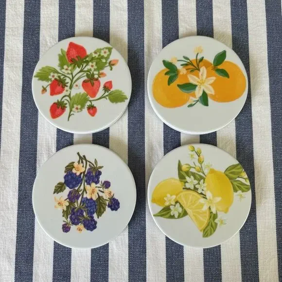 Round Botanical Fruit Ceramic Coasters | Set of 4 | Cottagecore Decor & Gift