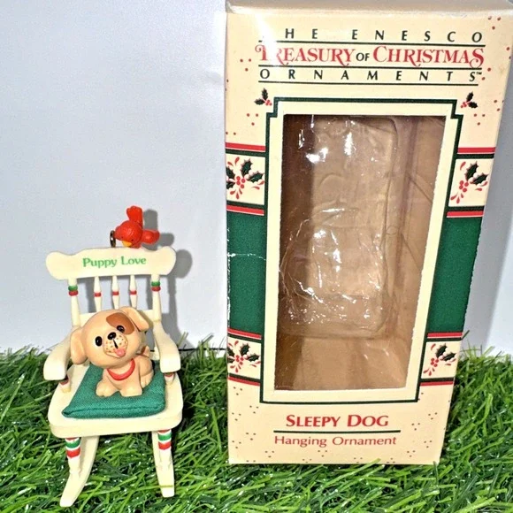 1987 Enesco Sleepy Dog Puppy Love Rocking Chair Ornament w Box VTG Christmas