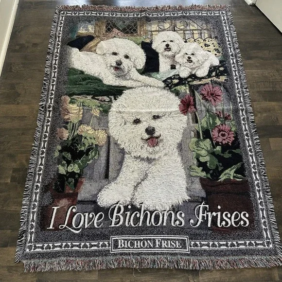 Danbury Mint I LOVE BICHONS FRISES Throw Tapestry Blanket Dog Knit USA Made