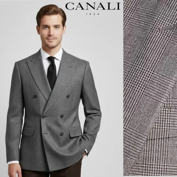 Canali Wool Gray Double Breasted Houndstooth Check Blazer Tuxedo Sport Coat 52S