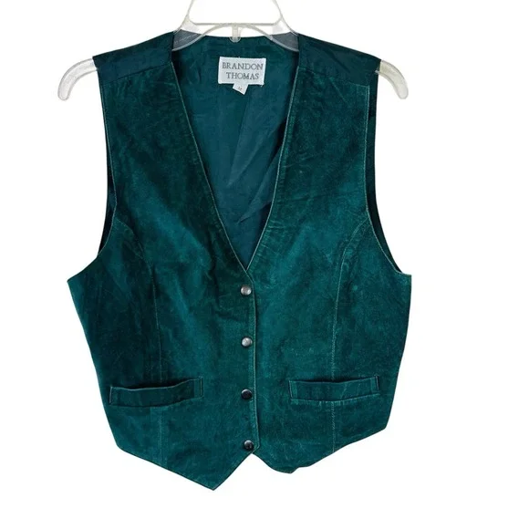Vintage Brandon‎ Thomas Mens Green Leather Vest M Elastic Back Snap Western