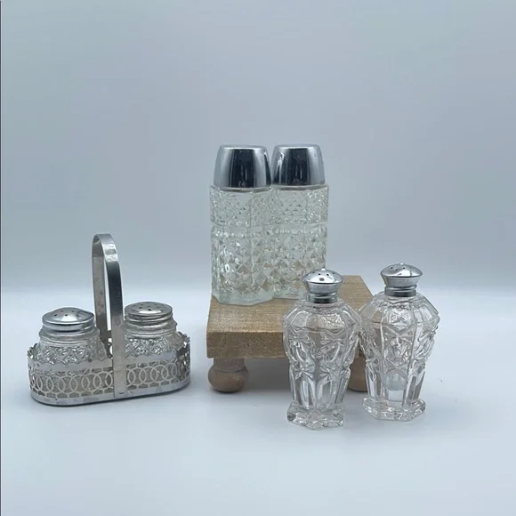 Vintage Pressed Glass Salt and Pepper Shakers with Silver Accents Lot of 3 Sets