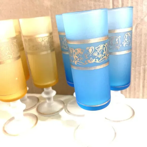 Frosted Italian Cordial Glassed Gold Gilt Aperitif Glass Set Mid Century 6pcs