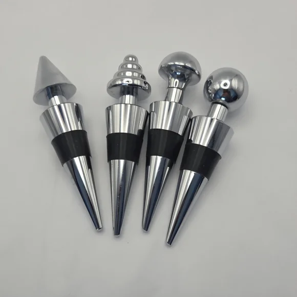 Chrome Bottle Stopper Set - 4pcs Reusable for Wine, Whiskey, Scotch Barware