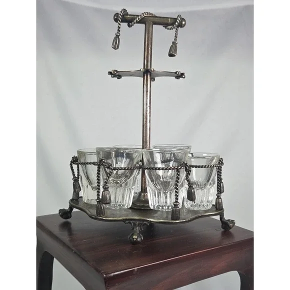 Vintage Shot Glass Caddy With Six Shot Glasses