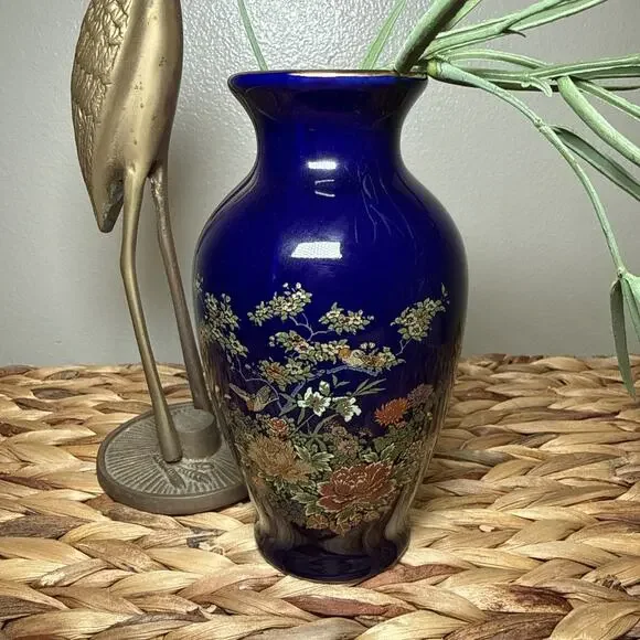 Vtg Asahi Japan Cobalt Blue Floral Bird Vase Gold Trim Chinoiserie 6