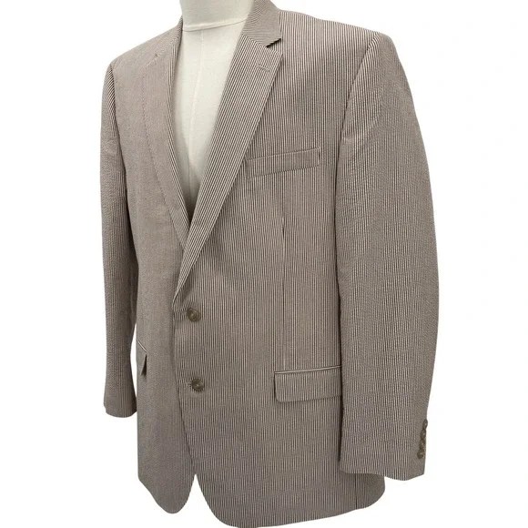 Chaps‎ Men's Seersucker Blazer 46L Brown Stripe Cotton Summer Sport Coat Preppy