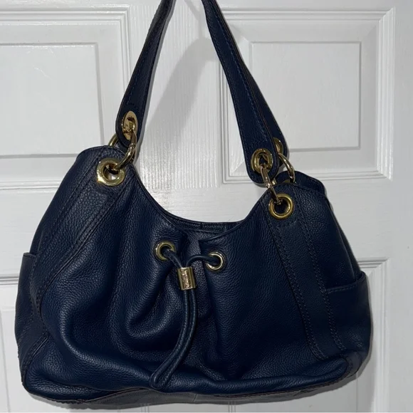 Michael Kors Navy Blue Shoulder Bag with Gold Accents