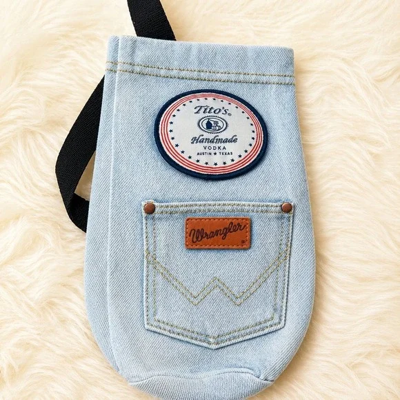 Wrangler Tito's Denim Bottle Sling Bag Blue Crossbody Western Travel Holder Gear