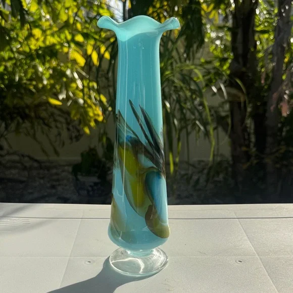 Vintage Hand-Blown Tall Sky-Blue Art Glass Vase, Ruffled Top